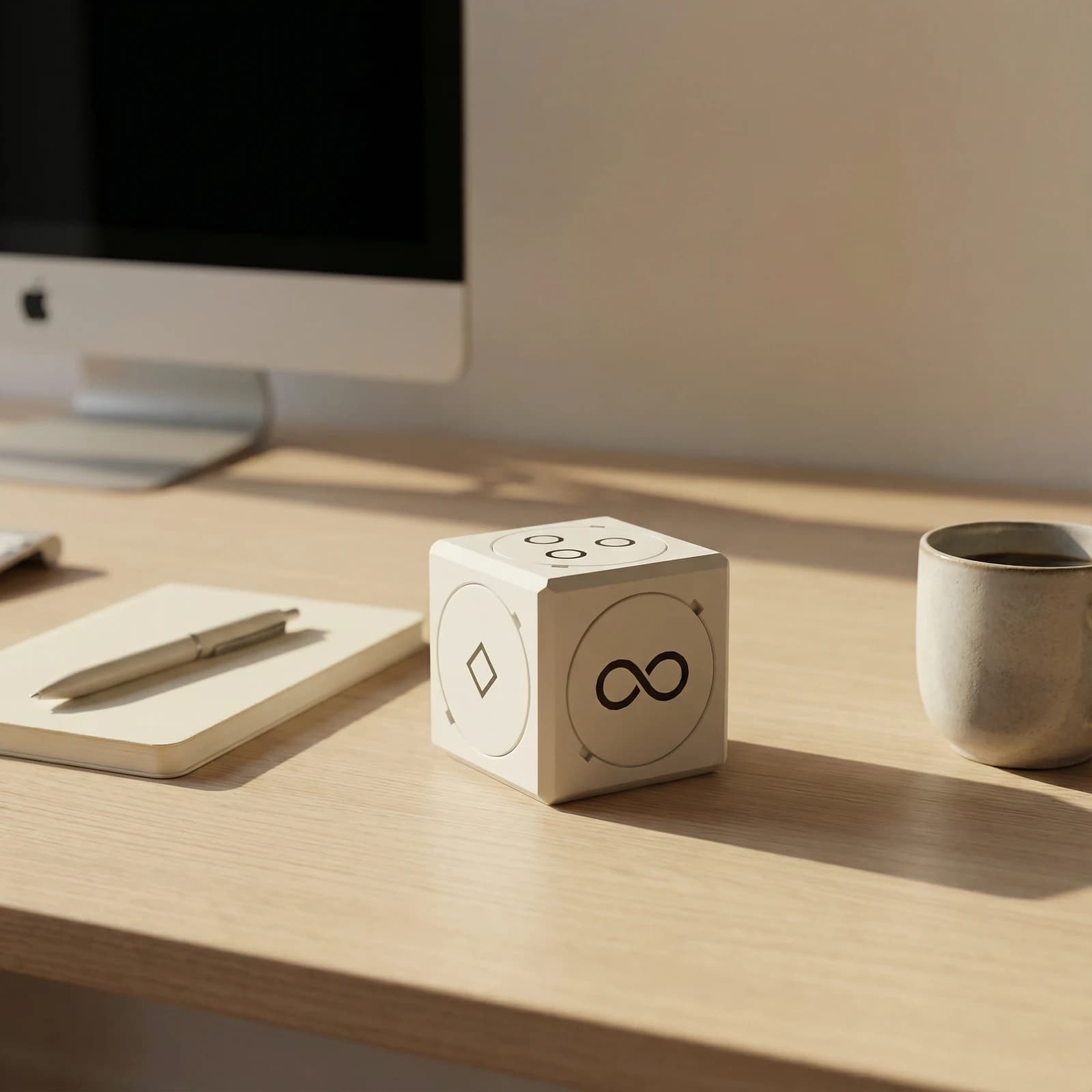 AI concept render of the Facet cube with symbols on its faces, resting on a desk.