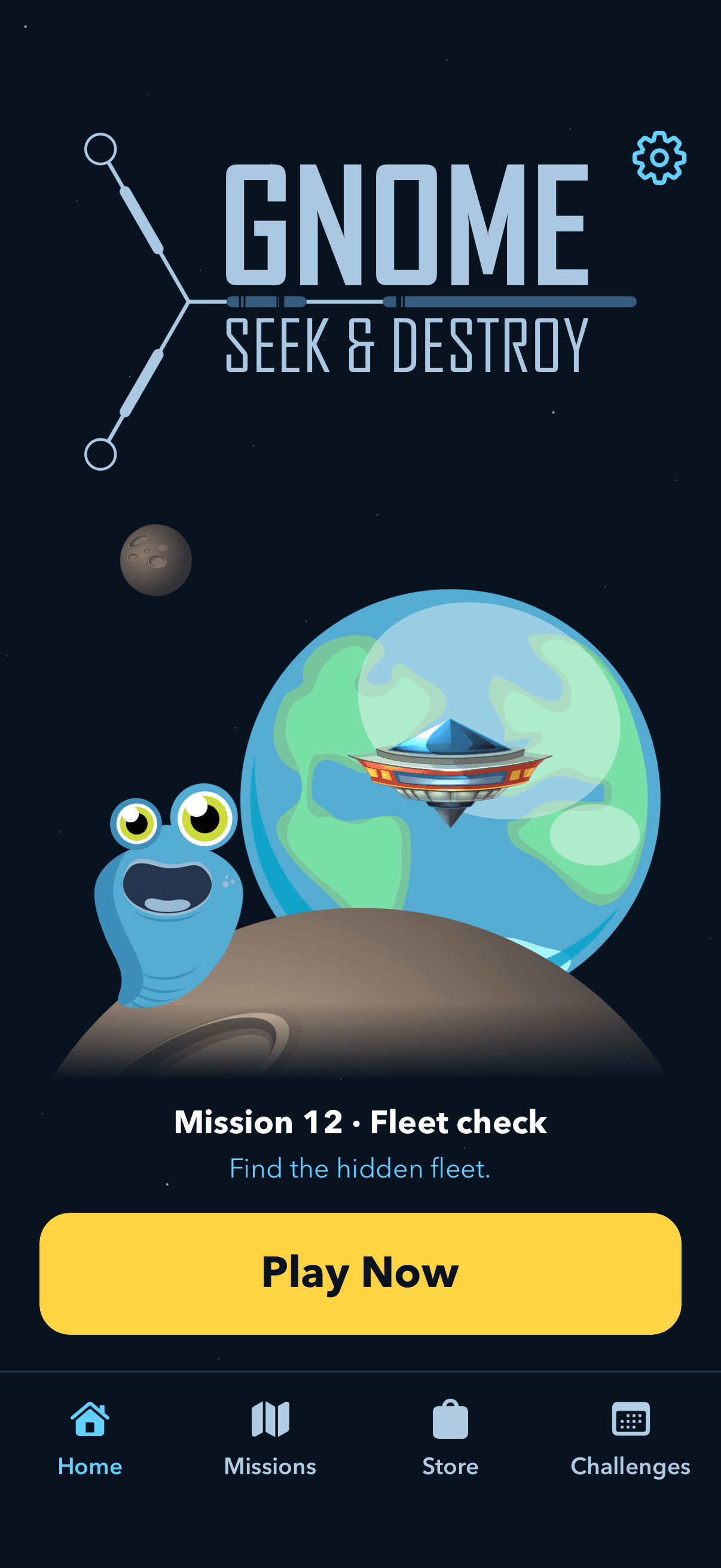 Actual GNOME home screen with the Seek & Destroy logo, alien, spacecraft and Play Now button