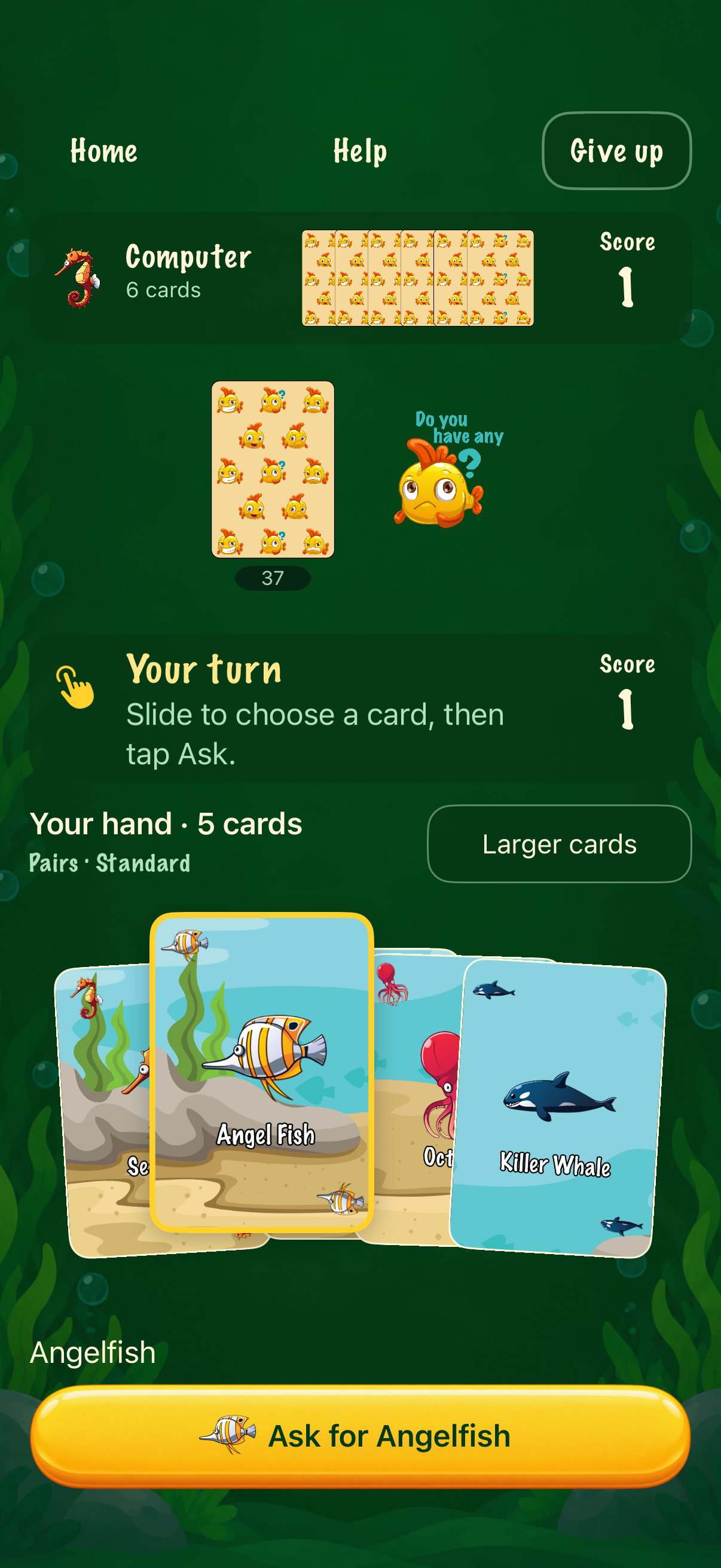 Actual Go Fish gameplay, with illustrated fish cards and a clear Ask button