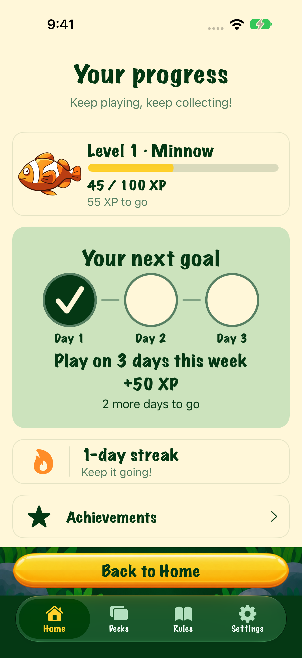 Go Fish progress screen showing levels and goals
